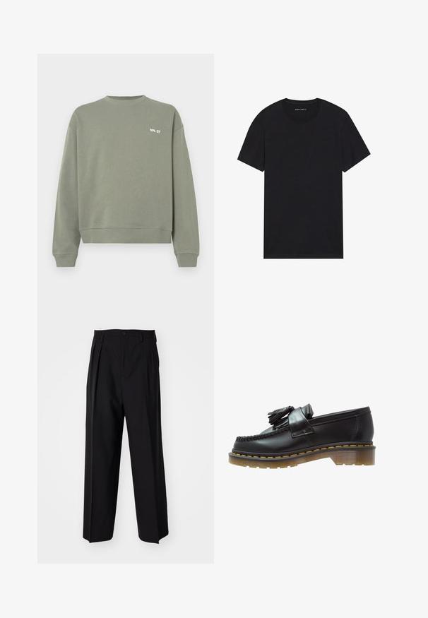 Sweatshirt vert olive en coton, avec un col rond, des poignets côtelés et un petit logo en texte blanc sur la poitrine.; T-shirt en coton noir à manches courtes et col rond. Le tissu a une texture lisse et un design simple et uni.; Pantalons plissés noirs avec un design droit et large. Fabriqués en tissu lisse, avec une fermeture à bouton et des passants de ceinture.; Mocassins en cuir noir avec une finition texturée, ornés d'un pompon décoratif et de coutures jaunes contrastantes, sur une semelle épaisse et transparente.