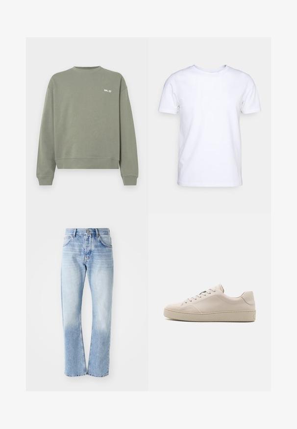 Sweatshirt verde măsliniu fabricat din bumbac, cu guler rotund, manșete cu nervuri și un mic logo alb pe piept.; Tricou alb cu mânecă scurtă din material de bumbac, cu guler rotund. Design simplu, fără tipare sau accente. Textură netedă.; Jeans din denim de culoare bleu deschis, cu croială dreaptă. Prezintă un design cu cinci buzunare, fermoar cu nasturi și o textură estompată spre partea de jos.; Adidași din piele bej cu un finisaj neted, vârf rotunjit, talpă plată și un design clasic cu șireturi. Accente de cusături subtile și talpă texturată.