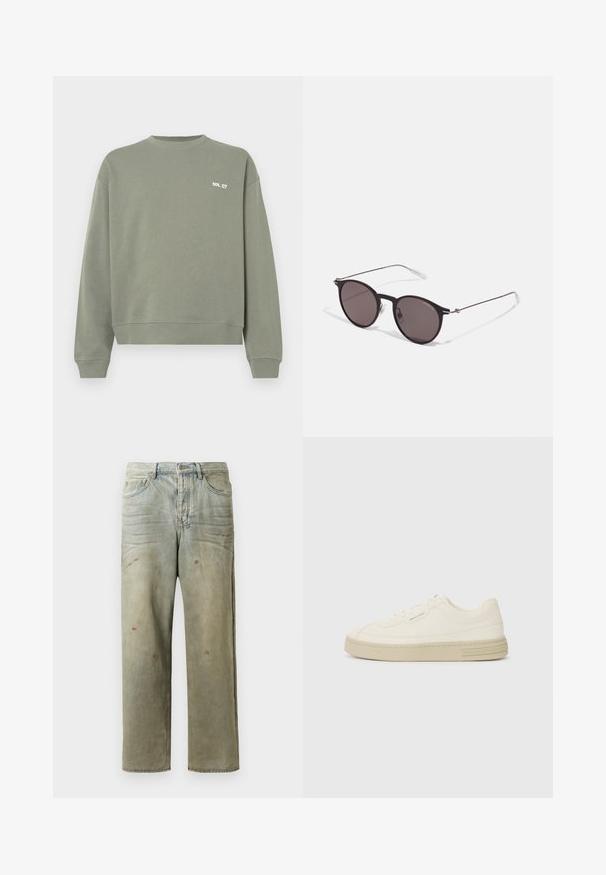 Sudadera verde oliva de algodón, con un escote clásico, puños acanalados y un pequeño logo de texto blanco en el pecho.; Jeans de mezclilla desgastados en verde claro, con corte recto, diseño de cinco bolsillos y decoloración desigual con manchas de pintura.; Zapatillas de lona blancas con suela de goma texturizada, que cuentan con una puntera cosida y un acento de logo en el talón. Diseño simple de cordones.; Gafas de sol redondas negras con lentes oscuros y brazos metálicos delgados. Incluye puntas de varilla transparentes y acentos plateados en la bisagra. Diseño minimalista.