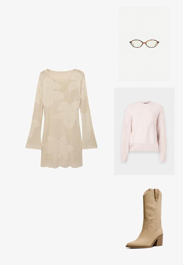 Světle růžový svetr s kulatým výstřihem a žebrovanými manžetami. Tkanina vypadá měkká a útulná, vhodná pro volnočasové nošení.; Beige pletený svetr s dlouhými rukávy a kulatým výstřihem, který má velké vzory listů a síťovou texturu. Ozdobený rozšířenými rukávy.; Bershka HIGH-HEEL - Kovbojské/motorkářské kozačky - beige; Želvovinové brýle s oválnými čočkami a hladkým, jemným povrchem. Má tenké bočnice s jemným zakřivením v chrámcích. Čiré čočky.