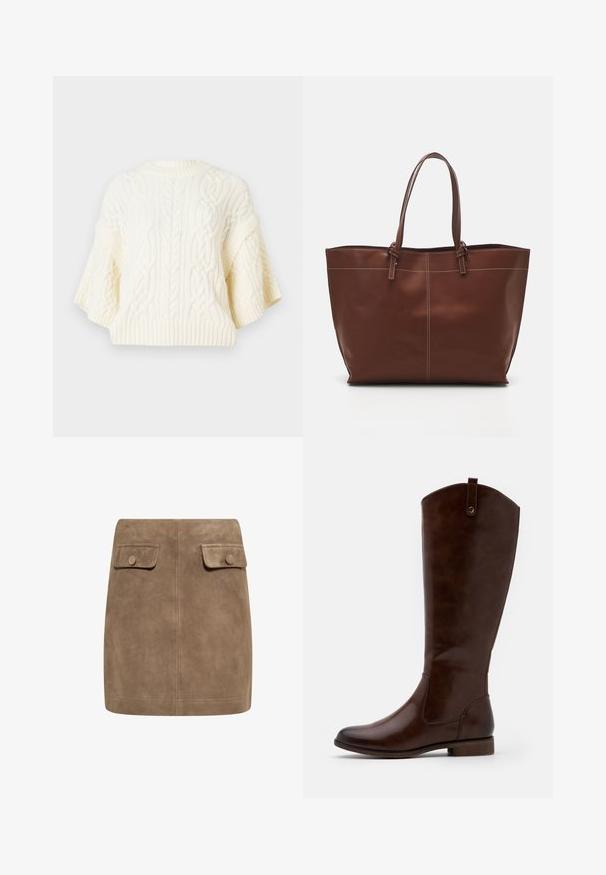 Weißer gestrickter Pullover mit Kabelmustern, weitem kurzen Ärmel und geripptem Saum. Textilstruktur mit weicher Optik.; Brauner Wildleder-Minirock mit glatter Textur, ausgestattet mit zwei vorderen Klappentaschen und Druckknopfverschlüssen an beiden Seiten. Schlichtes, gerades Design.; Braune kniehohe Stiefel aus glattem Leder, mit runder Zehenform, niedrigem Blockabsatz und einem dezente Stichmuster an den Seiten.; Braune Leder-Umhängetasche mit doppelten Griffen, verfügt über eine kontrastierende Naht und ein geräumiges Design, das sich für den täglichen Gebrauch eignet.