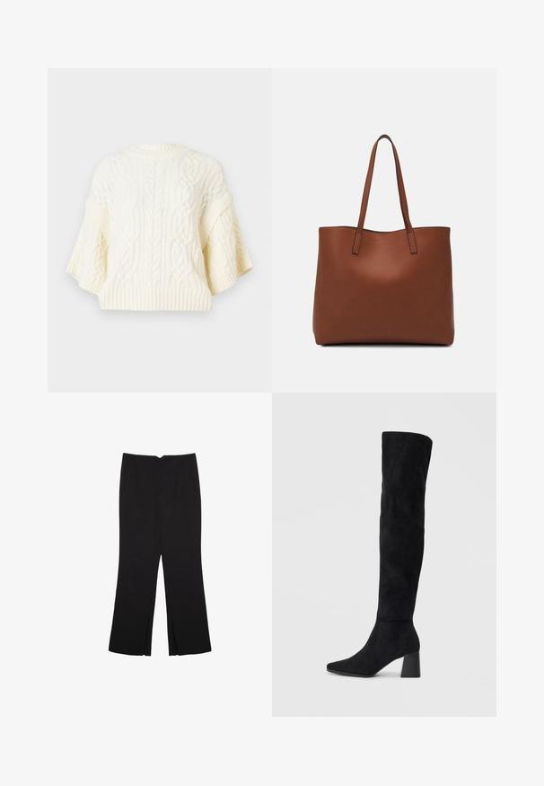 Maglione bianco lavorato a maglia con motivi a treccia, maniche corte larghe e orlo a costine. Tessuto texturizzato dall'aspetto morbido.; Pantaloni neri a gamba dritta, con tasche frontali e spacchi laterali all'orlo. Realizzati in tessuto morbido e liscio. Adatti a diverse occasioni.; Stivale in suede nero alto fino al ginocchio con tacco a blocco, punta affusolata e design liscio e senza cuciture su uno sfondo chiaro e semplice.; Borsa tote in pelle marrone con texture liscia, design con apertura superiore e due spallacci. Presenta cuciture minime e nessun hardware visibile.