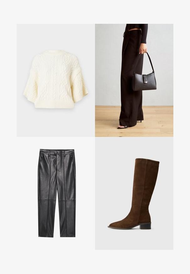 White knitted sweater with cable patterns, wide short sleeves, and ribbed hem. Textured fabric with a soft appearance.; Black leather trousers with a smooth texture, featuring a straight fit, two front pockets, and visible seam detailing.; Brown suede knee-high boot with a pointed toe and a chunky low heel. Smooth texture with a clean design and no prominent hardware.; Black handbag with structured shape, smooth texture, and a metallic clasp. Paired with wide black pants and open-toe sandals on wooden floor.