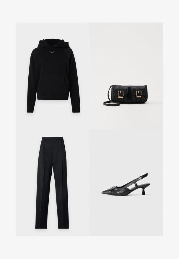 Juodas gobtuvas, pagamintas iš minkštos medžiagos, su priekinėmis kengūrų kišenėmis, raukšlėtomis rankovėmis ir baltu logotipo ornamentu virš kišenės.; Juodos kelnės iš lygaus audinio, pasižyminčios aukštu liemeniu, plačiomis kojomis, priekinėmis klostėmis ir klasikiais diržo kilpomis. Šoninių kišenių nematyti.; Juodas odinis slingback tipo batai su smailiu priekiniu atvartu, dekoratyvinėmis sagtimis su metaliniais akyčiais ir žemu blokiniu kulnu. Saldus paviršius.; Juodas odinis per petį nešiojamas krepšys su dviem priekiniais kišenėmis, auksiniais sagtimis, užtrauktuko uždarymu ir siauromis petnešomis. Textūruota paviršius ir kompaktiškas stačiakampis formatas.