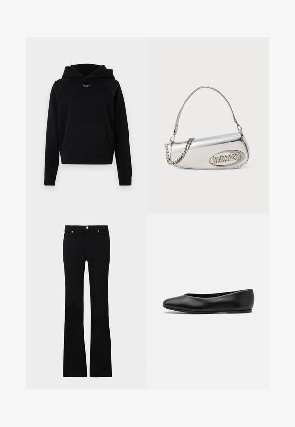 Mustan hupparin pehmeä kangas, jossa on etu-tasku, ribatut hihansuut ja valkoinen logotiedosto taskun yläpuolella.; Mustat levenevät farkut, valmistettu denimi- materiaalista, varustettu kahdella etutaskulla, napin sulkimella ja sileällä pinnalla. Alussa näkyviä erityisompeleita.; Paul Smith TOPANGA - Ballerinat - black; Hopealimetalliinen käsilaukku, jossa on pyöreä kolmio muoto, jossa on logo, ketjuhihna ja sileä pinta. Vetoketjukiinnitys sivussa.