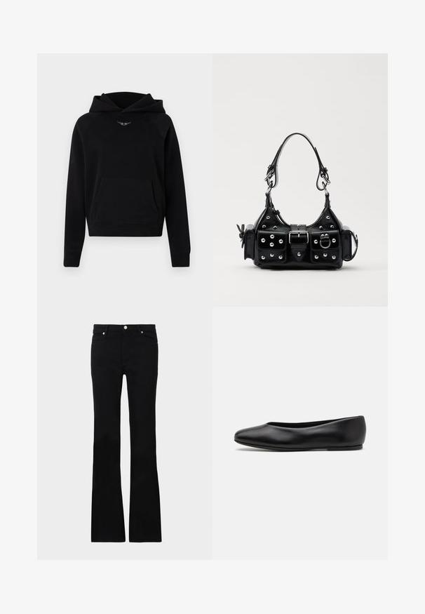 Crna dukserica od mekanog materijala, s prednjim kengurskim džepom, rebrastim manžetama i bijelim logotipom iznad džepa.; Crne široke traperice izrađene od denima, s dva prednja džepa, kopčanjem na dugme i glatkom teksturom. Potpisna šavova vidljiva na šavovima.; Paul Smith TOPANGA - Balerinke - black; Crna kožna torba s zakrivljenim dizajnom, koja sadrži srebrne zakovice, kopču i dva bočna džepa. Podesiva traka za različite opcije nošenja.