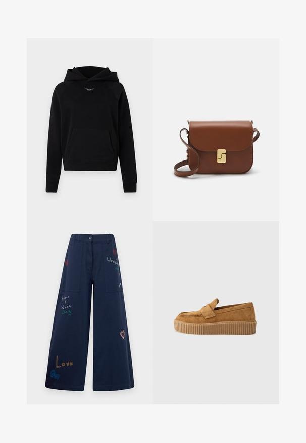 Černá mikina s kapucí vyrobená z měkké tkaniny, s přední klokankou, žebrovanými manžetami a bílým detailem loga nad kapsou.; Námořnické modré široké kalhoty z bavlny s několika kapsami. Obsahují barevné vyšívané texty a grafiku včetně srdíček a hravých frází.; Hnědé semišové mokasíny s kulatou špičkou, se žebrovanou platformou a dekoračním páskem přes vrch.; Hnědá kožená kabelka s klopou, zlatými kovovými detaily, ramenním popruhem a hladkým povrchem. Kompaktní obdélníkový tvar.
