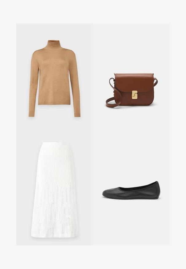 WEEKEND MaxMara KIKU - Pullover - cammello; Jupe midi en tricot blanche présentant un motif texturé avec des lignes verticales et des découpes près de l'ourlet. Taille élastique. Matériau doux.; Ballerines en cuir noir avec un bout rond, texture lisse, détails de couture minimalistes et design de semelle flexible.; Sac à main en cuir marron avec une fermeture à rabat, des accents en métal doré, une bandoulière et une texture lisse. Forme rectangulaire compacte.