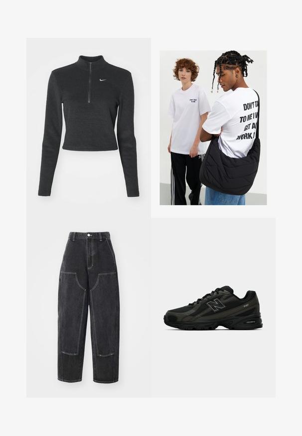 Schwarzer, kurzer Nike-Sweatshirt mit hohem Kragen, langen Ärmeln und einem Frontreißverschluss. Verfügt über ein kleines weißes Nike-Logo auf der Brust. Weiche Textur.; Schwarze Jeans mit lockerer Passform, die Kontrastnähte, zwei Fronttaschen und einen hohen Bund aufweisen. Die Textur ist glatt, mit einem leichten Glanz.; Schwarze Sportschuhe mit einer strukturierten synthetischen Oberseite, ausgestattet mit einer gepolsterten Sohle und einem auffälligen "N"-Logo an der Seite. Das Design umfasst leichte Mesh-Bereiche.; Schwarze, gesteppte Schultertasche mit weicher Textur, getragen von einer Person in einem weißen Grafik-T-Shirt mit fettgedrucktem Text. Lässiges Outfit mit Jeans.