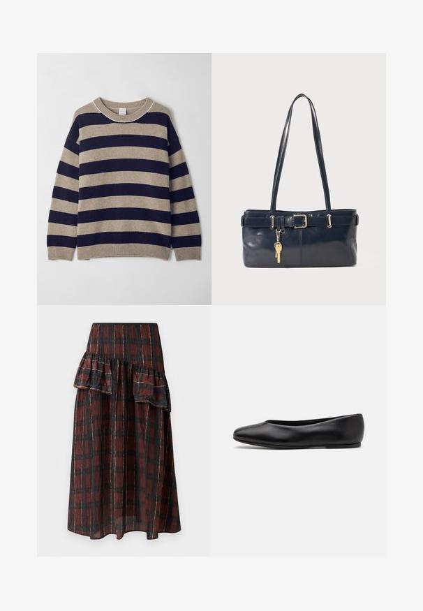 Sweter w paski w odcieniach beżu i granatu, wykonany z miękkiego materiału. Posiada okrągły dekolt, obniżone ramiona oraz prążkowane mankiety i dół.; Maxi spódnica w ciemnoczerwono-czarny wzór w kratę, z warstwowymi falbanami w talii, wykonana z lekkiego materiału o miękkiej fakturze.; Paul Smith TOPANGA czarny; Granatowa skórzana torebka z dwoma długimi uchwytami, detalem w postaci klamry oraz dołączonym breloczkiem. Charakteryzuje się gładką teksturą i prostokątnym kształtem.