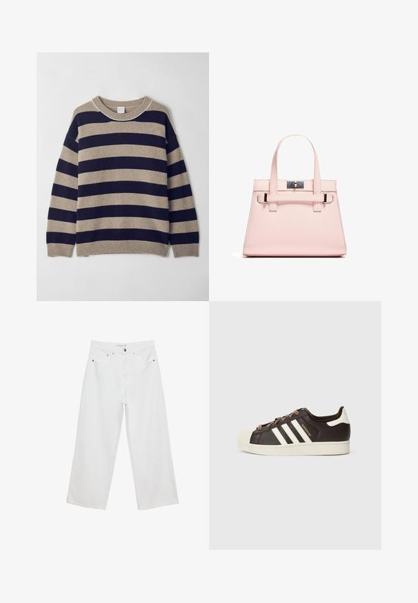Prugasta jopica v bež in mornarsko modri barvi, izdelana iz mehke tkanine. Ima okroglo ovratnik, spuščena ramena ter rebraste manšete in rob.; Bele široke hlače iz denima, visoke pasu, z petimi žepi in kovinskimi dodatki. Gladek tekstur, brez vidnih vzorcev.; Nizki adidas Superstar copat iz temno rjavega usnja s kremasto školjkasto konico, belimi črtami in napisom "Superstar" na strani.; Roza strukturirana torba iz teksturirane kože, ki ima dva zgornja ročaja, zapiralo na sponko in kontrastne kovinske detajle.