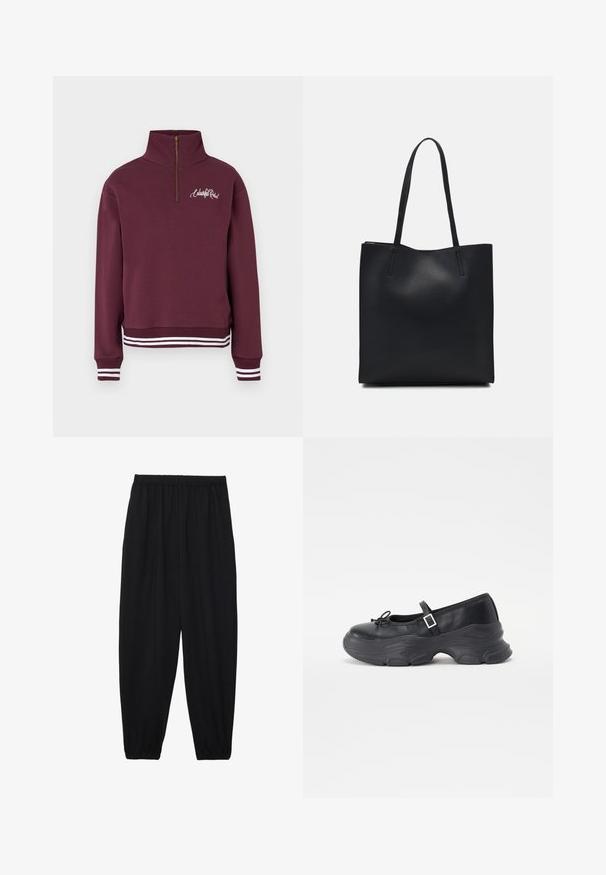 Burgundski pulover z visokim ovratnikom in polovičnim zadrgo, beli črtasti rebrasti manšete in spodnji rob, na prsih z napisanim logotipom.; Črne, lahke hlače z elastičnim pasom in nabranimi gležnji. Tkanina je gladka in ima sproščen, taperiran dizajn.; Črne usnjene Mary Jane čevlje z zaobljenim nosom, podrobnostjo v obliki pentlje in nastavljivim gležnjenjskim trakom. Imajo masiven gumijast podplat s konkavnimi detajli.; Črna usnjena torba s svilnato teksturo, pravokotne oblike in dvema dolgima ročajema. Brez vidnih metalnih delov ali okrasnih elementov.