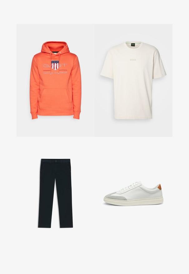 GANT ARCHIVE SHIELD - Kapuzenpullover - orange; BOSS TEE - T-Shirt basic - open white; Dunkelblaue Chinos aus einer Baumwollmischung. Merkmale sind Gürtelschlaufen, Vordertaschen und ein Reißverschluss mit Knopfverschluss.; Weiße Leder-Sneaker mit grauen Wildlederakzenten und einer sandfarbenen Lederfersenschlaufe. Sie verfügen über eine strukturierte Oberfläche und eine leichte Sohle.