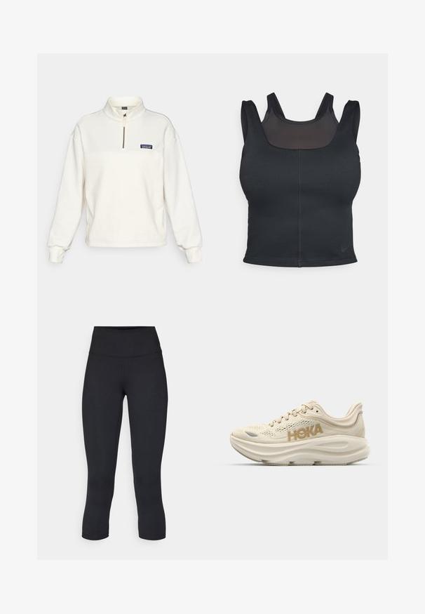 Kremo spalvos vilnos puloveris su pusiau užtrauktuku, ilgomis rankovėmis ir mažu mėlynu "Patagonia" logotipu krūtinėje. Glotni tekstūra.; Juodas sportinis liemenukas su prigludusia forma, plačiomis petnešomis ir tinklo apdaila priekyje. Lygus paviršius ir minimalūs siūlai. Nike logotipas apačioje.; Juodos apkarpytos legginsai, pagaminti iš tamprios medžiagos, su aukšta juosmens linija ir glotnia tekstūra, be matomų raštų ar detalių.; Šviesiai smėlio spalvos bėgimo batai su tinklo viršumi, paminkštintu apvadu, išskirtiniu auksiniu "HOKA" logotipu ir storu, paminkštintu padu patogumui.
