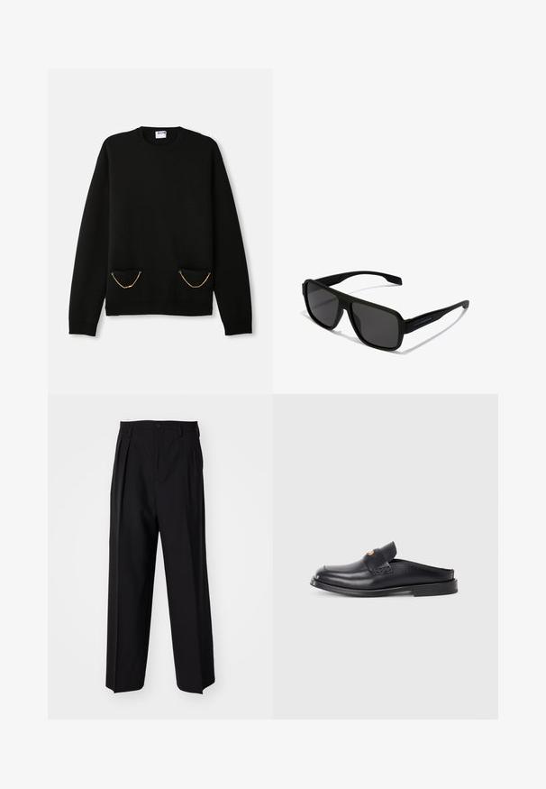 Juodas ilgomis rankovėmis megztinis su apykakle, turintis dvi priekinės kišenes, kiekvieną puošia mažas auksinis grandinėlės akcentas.; Juodi klostuoti kelnių, su tiesiu, plačiu kojų dizainu. Pagaminti iš lygios medžiagos, su mygtukų uždarymu ir diržo kilputėmis.; Juodos odinės, be raištelių bateliai su apvaliu nosiu, nedideliu kulnu ir audiniu dekoruotu paviršiumi. Išsiskiria minimalistiniu stiliumi ir glotnia tekstūra.; Hawkers PARLAY - Akiniai nuo saulės - black