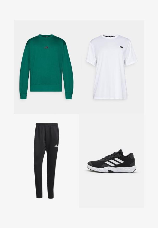 Sweatshirt verde cu mânecă lungă, fabricat dintr-un material moale, cu manșete și tiv cu nervuri, și un mic logo întunecat aproape de gât.; Tricou sportiv alb cu mâneci scurte, fabricat dintr-un material care elimina umezeala. Are un logo negru pe pieptul stâng și o guler interiory cu un design patterned.; Pantaloni sport negru cu un brâu elastic, dungi albe pe lateral și un mic logo alb pe coapsă. Realizați dintr-un material neted și ușor.; Pantofi sport negri cu un material din plasă texturată, benzi albe de accent, o talpă cushioned și un călcâi întărit pentru suport.