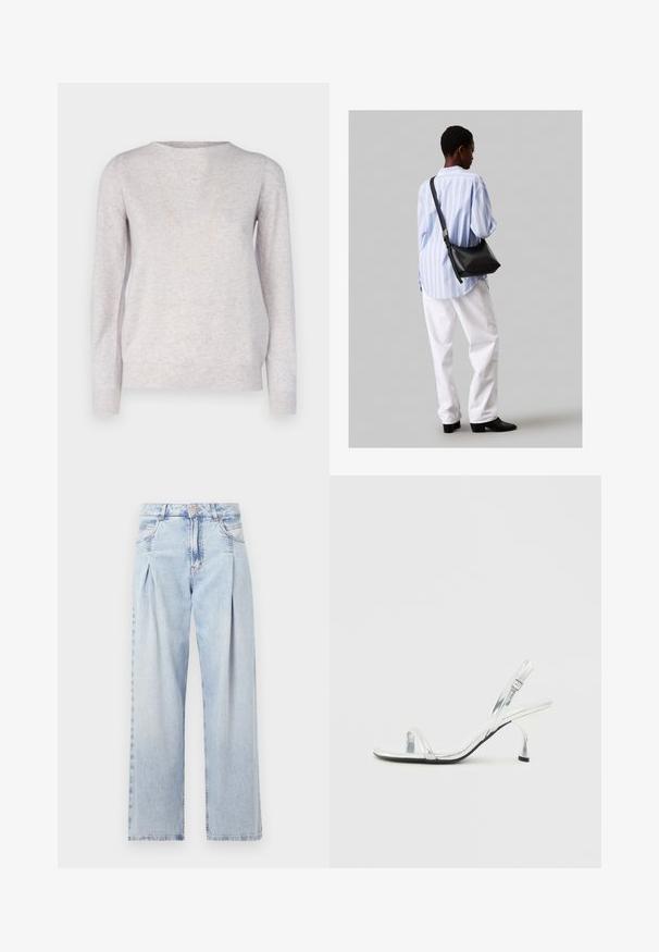 Repeat Svetr - snow; Světlé modré džíny z denimu s vysokým pasem, širokým střihem, dvěma bočními kapsami a nařaseným designem. Měkká textura s vybledlým povrchem.; Stříbrná lakovaná kožená sandálová obuv na vysokém podpatku s úzkým pásem na prstech, nastavitelnou sponou a štíhlým podpatkem.; Černá kožená kabelka přes rameno s jemnou texturou, trojúhelníkovým tvarem a nastavitelným popruhem, v kombinaci se světle modrou pruhovanou košilí a bílými kalhotami.