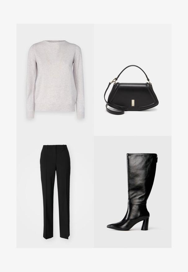 Repeat Pullover - snow; Pantalon noir ajusté avec une coupe droite, présentant une texture lisse et des plis nets sur le devant. Aucune quincaillerie visible.; Botte en cuir noir à hauteur de genoux avec un bout pointu, une texture lisse et un talon épais. Elle présente un zip à l'arrière.; Sac à main en cuir noir avec un design structuré, featuring une forme cropped, une poignée supérieure et des accents en matériel doré. Bandoulière réglable incluse.