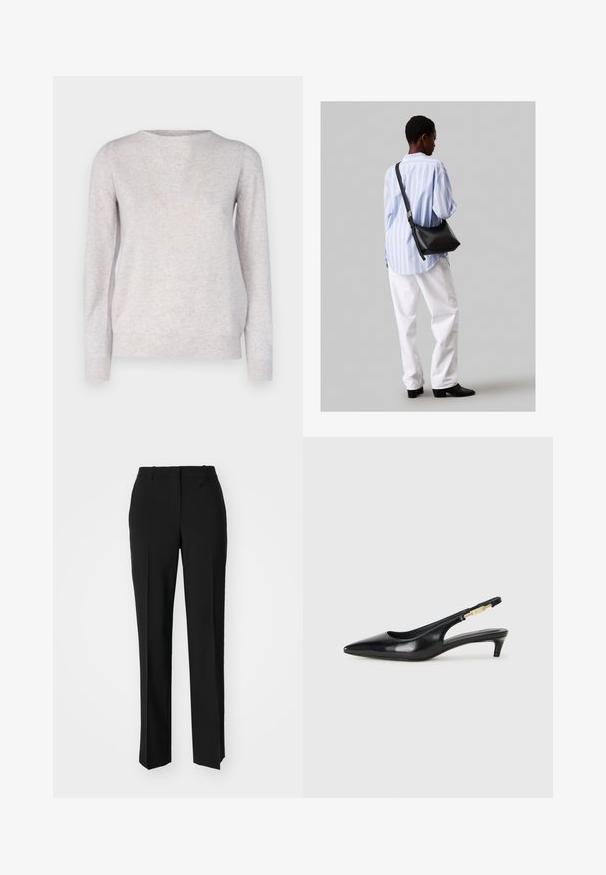 Repeat Pulover - snow; Pantaloni negri tailor-ed cu un design drept, având o textură fină și cute clare pe față. Fără elemente de prindere vizibile.; Sandale slingback din piele neagră cu vârf ascuțit, având un toc subțire și un accent de culoare aurie pe curea ajustabilă. Textură netedă.; Geantă de umăr din piele neagră cu o textură moale, formă triunghiulară și curea ajustabilă, asortată cu o bluză cu dungi albastre deschise și pantaloni albi.