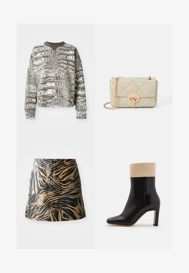 Garās piedurknēm krekls ar apaļu izgriezumu, melnbalts aligatora zvīņu raksts un mazs Adidas logo kreisajā krūtī.; Melnā un zelta svārku dizains ar zebras svītru rakstu, izgatavots no gludas materiāla, ar pieguļošu formu un augsto jostasvietu.; Melna ādas potīte ar krēmkrāsas akcentu augšpusē, smailu pirkstu un augstu sudraba akcentētu papēdi. Gluda tekstūra bez redzamām rakstu zīmēm.; Kviltota bež krāsas ādas rokassoma ar zelta ķēdes siksnu un apaļu aizdari, ar smalku logo un strukturētu taisnstūra formu.