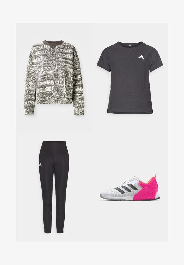 Sudadera cu tisă cu mâneci lungi, cu un model de solzi de aligator alb-negru și un mic logo Adidas pe pieptul stâng.; Tricou athletic cu mânecă scurtă, gri închis, cu textură perforată. Prezentă un logo alb și dungi contrastante pe laterale. Guler rotunjit.; Legging-uri negre cu talie înaltă, dintr-un material elastic. Prezintă un logo alb pe partea stângă și un design elegant, fără cusături. Textură netedă.; Adidaș alb cu dungi gri, superior din plasă și toc și accente roz. Are toc texturat și talpă din cauciuc. Șireturile și gulerul căptușit.