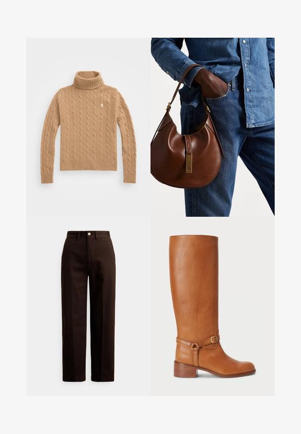 Suéter de gola alta em malha de cable beige com punhos e bainha canelados; apresenta um pequeno logótipo no peito; feito de um tecido macio e texturizado.; Calças castanho-escuro de perna reta com fecho de botão e fecho éclair, passantes para cinto e bolsos frontais contra um fundo branco.; Botas altas de couro castanho com um acabamento suave, apresentando uma fivela lateral e um salto empilhado. A parte superior possui um design limpo e sem adornos.; Bolsa hobo de couro castanho com forma arredondada, apresentando um acabamento em metal dourado e costura em contraste. Combinada com uma camisa de ganga e jeans.