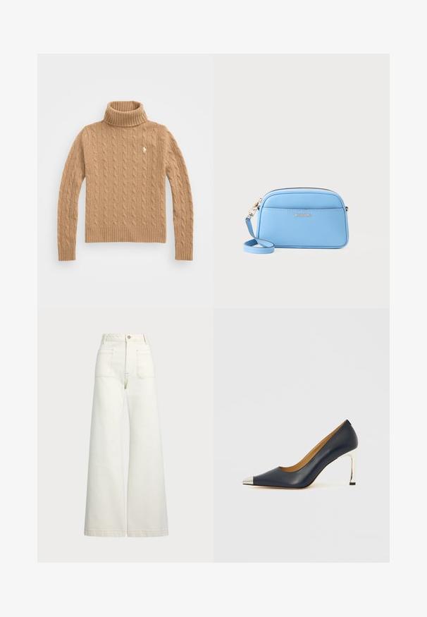 Bežinis kabelinis megztinis su aukštu apykakle, su raukiniais ant rankovių ir apatinio krašto; turi mažą logotipą ant krūtinės; pagamintas iš švelnios, tekstūruotos medžiagos.; Plati kojinės džinsai of white denimo. Aukštas liemuo, su mygtuko uždarymu, dviem priekinėmis kišenėmis ir kontrastingai siuvinėjimu.; Tamsiai mėlynas odinis aukštakulnis batelis su smailiu priekiu, puoštas sidabrine metaline apsauga ir blizgiu sidabriniu stiletto kulnu.; Šviesiai mėlyna odinė per Petį nešama rankinė su auksinės spalvos detalėmis, užtrauktuko uždarymu ir priekinėmis kišenėmis. Yra reguliuojama dirželis patogumui.