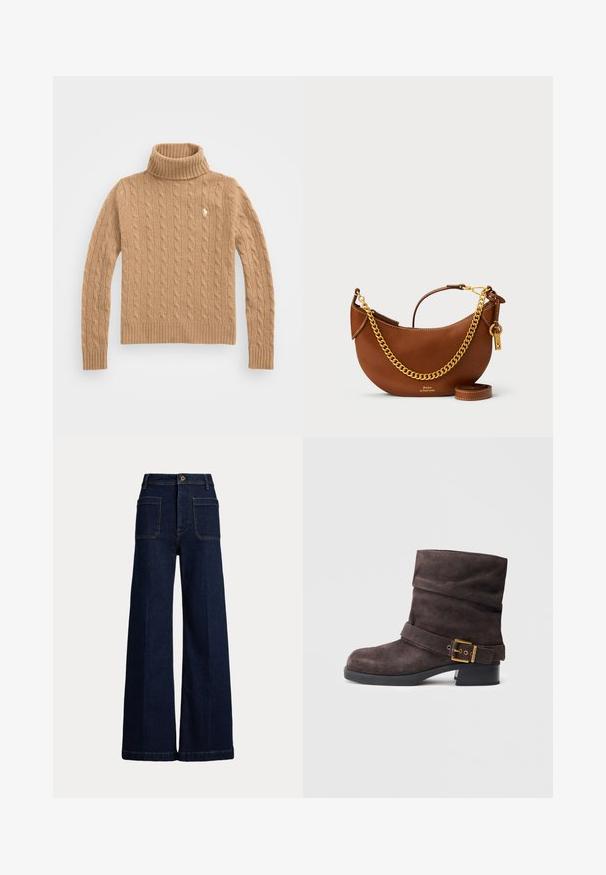 Bežinis kabelinis megztinis su aukštu apykakle, su raukiniais ant rankovių ir apatinio krašto; turi mažą logotipą ant krūtinės; pagamintas iš švelnios, tekstūruotos medžiagos.; Plati kojų tamsiai mėlynos džinsinės kelnės su aukštu liemeniu, penkių kišenių dizainu ir kontrastingomis siūlėmis. Yra mygtuko uždarymas ir struktūrizuota forma.; Rudonių zomšinių kulkšninių botų su laisvu dizainu, sagties dirželiu ir juodu žemu kulnu, pasižyminčių lygia tekstūra ir klasikine forma.; Ruda odinė rankinė su kreiviu dizainu, auksinės grandinėlės dirželiu, vidiniu kišeniu ir nuimamu peties dirželiu. Yra kontrastingų siūlių.