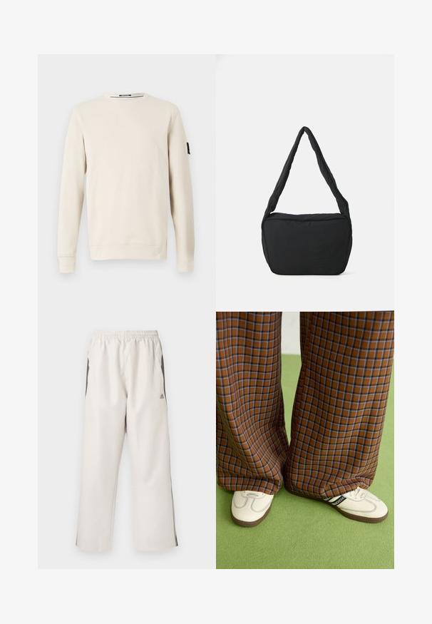 Smėlinės spalvos apvalios iškirptės megztinis, pagamintas iš minkštos medžiagos, su ilgomis rankovėmis ir maža juoda logotipo detale ant kairės rankovės.; Šviesiai smėlinės spalvos treniruočių kelnės su elastingu juosmeniu, šoninėmis kišenėmis, juodomis šoninėmis juostelėmis ir Adidas logotipu ant kairiojo šlaunies. Lygus audinio paviršius.; Rudos ir mėlynos langelinės plačios kelnės, derinamos su baltais batais su juodais akcentais ir tekstūruotais padais, prieš žalią foną.; Juodas pečių krepšys su paminkštinta tekstūra, apvalia forma ir plačia juostele, su iškilminiu logotipu priekyje.