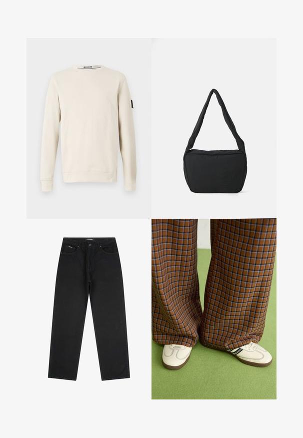 Beige mikina s kulatým výstřihem vyrobená z měkké tkaniny, s dlouhými rukávy a malým černým logem na levém rukávu.; Černé džíny s rovnými nohavicemi, s předními knoflíky a zipem, poutky na opasek a pětipocketovým designem, položeny na bílé pozadí.; Hnědo-modré kostkované široké kalhoty doplněné bílými botami s černými akcenty a texturovanou podrážkou, umístěné na zeleném pozadí.; Černá ramenní taška s polstrovanou texturou, zaobleným tvarem a širokým popruhem, na jejíž přední straně je vyražené logo.