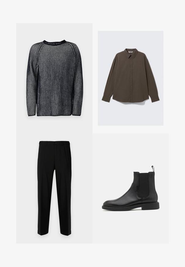 Gehaakte trui met marineblauwe en witte verticale strepen, ronde halslijn en lange mouwen. Kenmerken zijn een geribbelde textuur en raglanontwerp.; Bruine geruite overhemd met lange mouwen en een button-down kraag, met een relaxte pasvorm en een iets gebogen zoom. De stof is gem textuurd.; Zwarte broek van gladde stof, met een rechte snit, twee voorzakken en een ritssluiting met knoopsluiting.; Zwarte leren enkelboot met een gladde textuur, elastische zijpanelen en een trekhaak. Ronde neus en platte rubberen zool met minimale profiel.