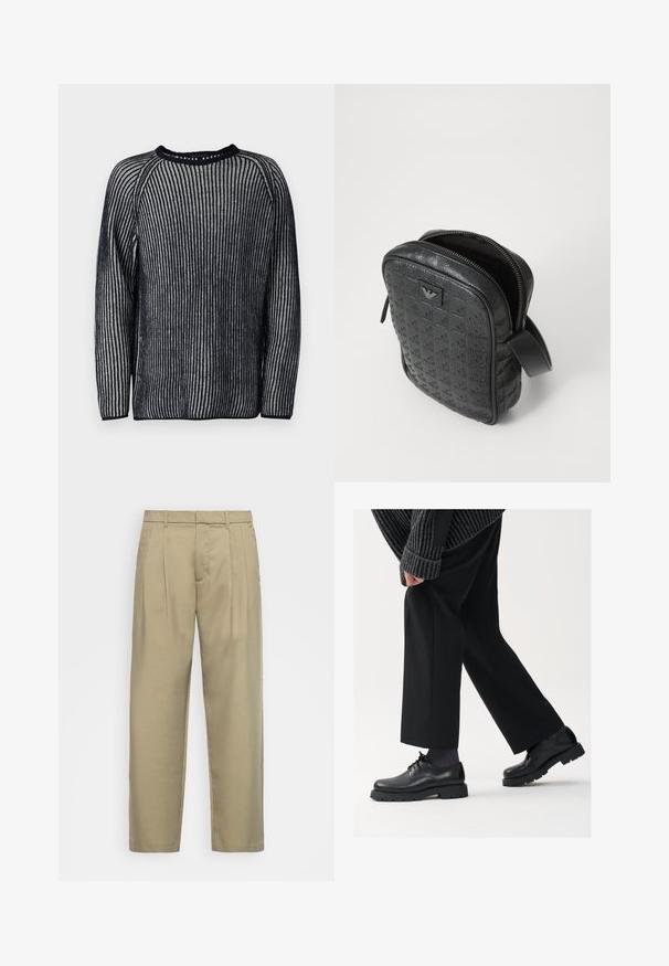 Strickpullover mit marineblauen und weißen vertikalen Streifen, Rundhalsausschnitt und langen Ärmeln. Verfügt über eine gerippte Textur und Raglan-Design.; Beige, hochgeschnittene Hose mit geradem Schnitt, flachem Bund, Seitentaschen und einem glatten, strukturierten Stoff.; Schwarze Lederschuhe mit einer runden Spitze, Schnürdesign und dicker, strukturierter Sohle. Getragen mit maßgeschneiderten schwarzen Hosen und einem gerippten Pullover.; Schwarz, strukturiert, Lederhandtasche mit geometrischem Muster, rechteckiger Form, oberem Reißverschluss und kurzem Tragegriff. Verfügt über ein Logo-Patch auf der Vorderseite.