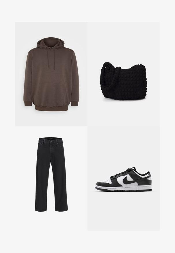 Pruun kapuutsiga, mis on valmistatud pehmest kangast, esi-tasku, nöörid ja soonikkoes mansetid ja alumine äär. Lihtne disain ilma mustriteta.; Mustad sirgedega teksapüksid, millel on nööp ja lukuga sulgemine, vöökohaga silmad ning ees- ja tagataskud.; Mustavalged Nike Dunk tossud, millel on nahk ülemine osa, perforeeritud varvaseosa, mustad paelarid ja must kummist tall, millel on mustriga disain.; Must mustkott, millel on tekstuuriga tikitud muster. Ümar kuju, lühikesed ja jämedad sangad ning pehme, paindlik struktuur.