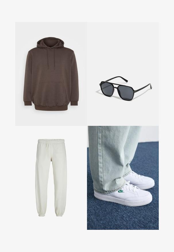 Haut à capuche marron en tissu doux, doté d'une poche avant, de cordons de serrage et de bords côtelés aux poignets et à l'ourlet. Design simple sans motifs.; Pantalons de survêtement blancs en tissu doux, avec une taille et des poignets élastiques, présentant une texture lisse et un design ample.; Baskets en cuir blanc avec logo Nike vert, bout rond, semelle plate, associées à un pantalon en denim bleu clair, présentées sur un tapis bleu.; Lunettes de soleil noires avec monture octogonale, verres foncés, finition brillante, branches fines et accents dorés sur l'avant.