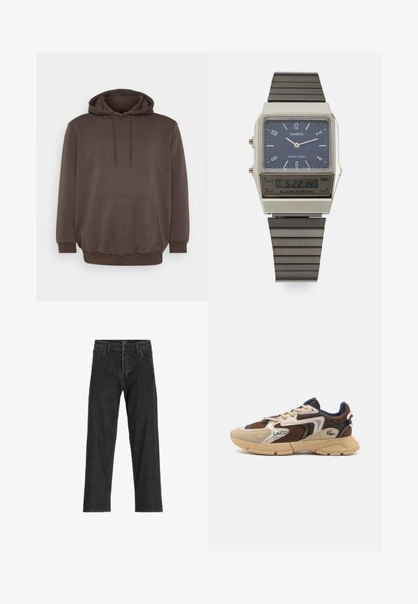 Bruine hoodie van zacht materiaal, met een voorzak, trekkoorden en geribbelde manchetten en zoom. Eenvoudig ontwerp zonder patronen.; Zwarte spijkerbroek met een recht model, voorzien van een rits, riemlussen en zes zakken, gemaakt van een stevige katoenmix.; Beige en bruine sneaker met gestructureerde meshpanelen, suède accenten en een rubberen zool. Bevat vetersluiting en merkdetails.; Casio digitale watch met een blauwe wijzerplaat, zilveren kast en gelaagde zwarte rubberen band. Toont de tijd en alarminstellingen. Waterbestendig.