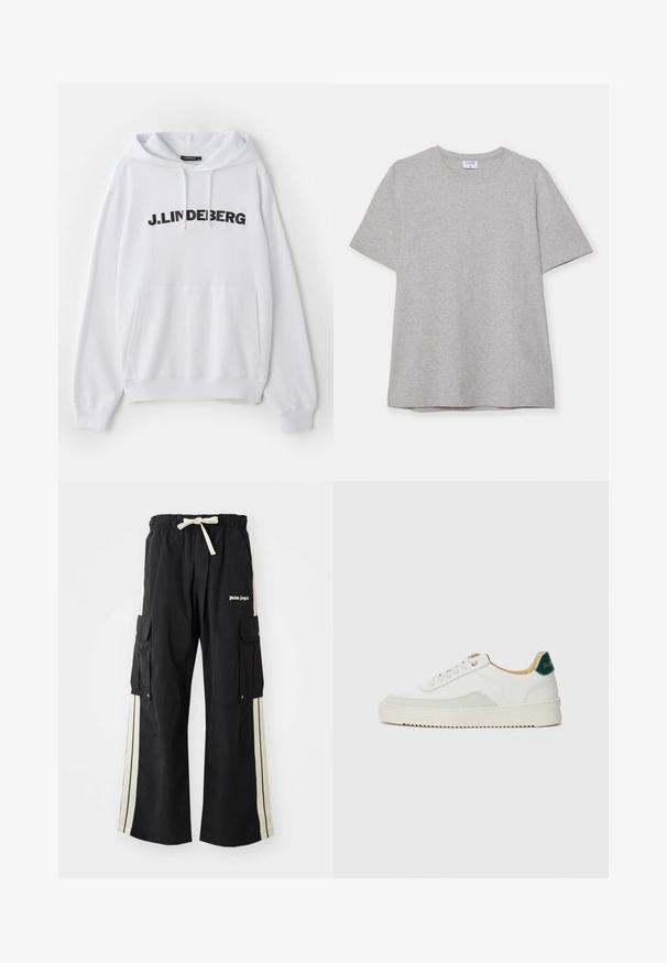 Valge kapuutsiga pusa, millel on eesmine tasku ja nööriga kapuuts, millel on rindkere kohal silmapaistev must tekst "J. LINDEBERG". Pehme kangatekstuur.; Hallhargist lühikeste varrukatega T-särk pehmest, tekstuuriga kangast. Omab klassikalist ümarat kaelust ja sirget allääret, sobides igapäevaseks kandmiseks.; Mustad mustar püksid elastse vöökoha ja nööriga, kreemivärvi külgedel, mitme taskuga ning logo detailiga ees.; Valged tennisjalanõud, millel on sametised aktsendid, ümar varvas, lame nöörid ja kreemjas kummine põhja. Hästi nähtav roheline bränding kannal.