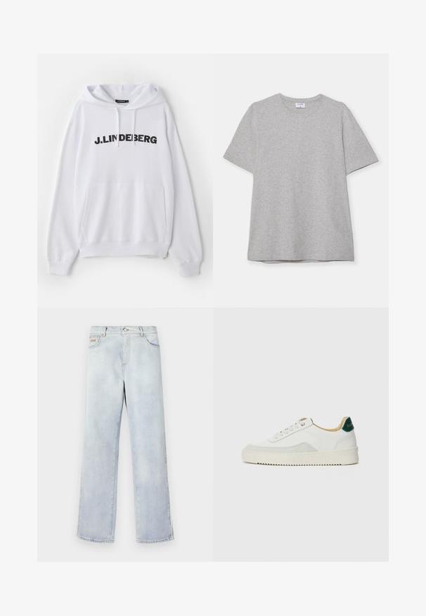 Felpa bianca con tasca frontale, cappuccio con cordino e testo nero in bold che legge "J. LINDEBERG" sul petto. Tessuto morbido.; T-shirt grigio a maniche corte realizzato in morbido tessuto testurizzato. Presenta un classico colletto a girocollo e un orlo dritto, adatto per un abbigliamento casual.; Jeans in denim azzurro chiaro con design a gamba dritta, dotati di chiusura a bottone, cinque tasche e cuciture a contrasto.; Sneaker bianco con accenti in camoscio, punta rotonda, lacci piatti e suola in gomma crema. Presenta un marchio verde sul tallone.