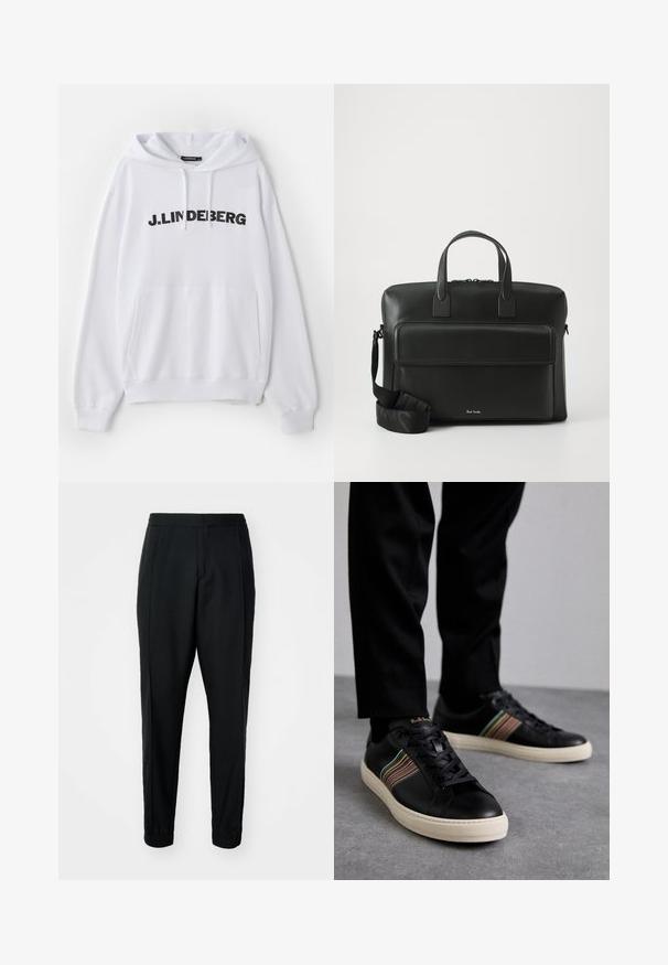 Balts kapuce džemperis ar priekšējo kabatu, ar aukliņu regulējamu kapuci un spilgti melnu tekstu "J. LINDEBERG" krūšu rajonā. Maiga auduma tekstūra.; Melni sašaurināti bikses ar gludu tekstūru, elastīgu jostu un piedurkņu galiem. Priekšpusē ir krokas, lai nodrošinātu pielāgotu izskatu.; Melni ādas sporta apavi ar daudzkrāsainām svītrām, apaļa purngala forma, balti gumijas zole, ar aukliņu aizdari un ieplestu logo.; Melna ādas portfelis ar divām augšējām rokturiem, priekšējo kabatu un noņemamu siksnu, ar diskrētu zīmolu apakšā.