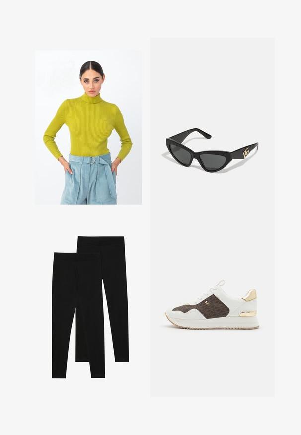 Ribbed turtleneck neule joka on kirkkaan vihreä, pitkähihaisilla hihoilla. Yhdistetty korkeavyötäröisiin, vaaleansinisiin housuihin, joissa on solmittava vyö.; Mustat legginssit, jotka on valmistettu joustavasta kankaasta, joissa on saumaton vyötärö ja kapea malli, sopivat arkikäyttöön tai liikuntaan.; Valkoiset lenkkarit, joissa on ruskeasta kuviollisesta kankaasta valmistettu paneeli, kultaiset yksityiskohdat, pyöreä kärki, nauhakiinnitys ja teksturoitu kumipohja.; Aurinkolasit kissansilmällä, joissa on matta musta muovikehys, tummat linssit ja kultainen logokiinnitys temppeleissä. Kulmikas muotoilu ja sileä pinta.; Ruskea nahkainen olkalaukku, jossa on logokuvio, kultaketjuolkaint, vetoketjukiinnitys ja kultaiset metalliosat. Kompakti ja suorakulmainen muoto.