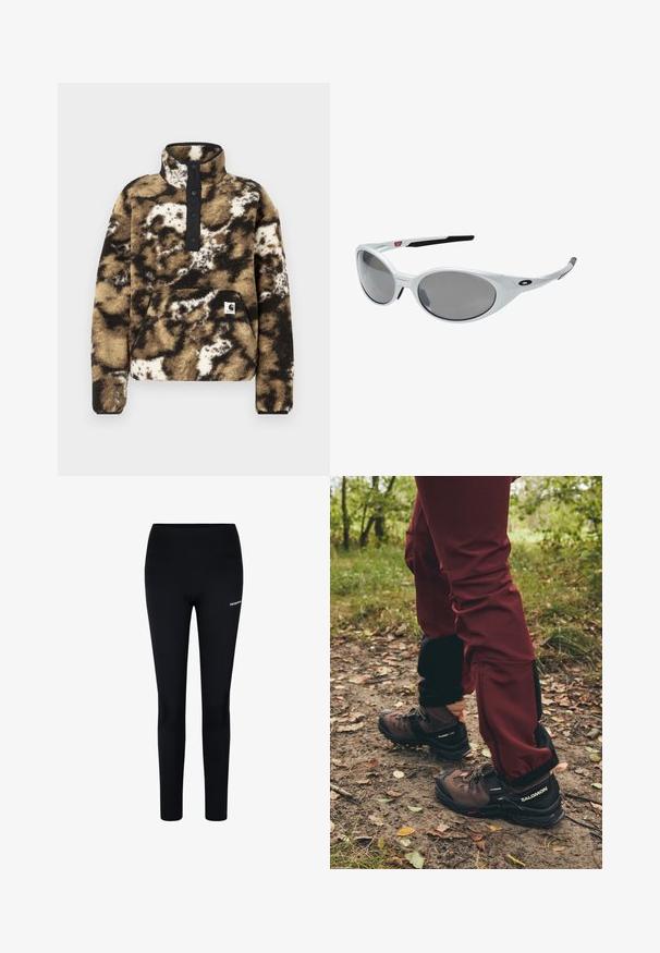 Fleece pullover in bruin, zwart en crème met een kwart rits, vier zwarte knopen, een voorzak en een logo op de onderste linkerzijde.; Zwarte legging gemaakt van rekbare stof, met een hoge tailleband en een klein logo op de linkerdij, ontworpen voor comfort en bewegingsvrijheid.; Bruine wandelschoenen met zwarte accenten en robuuste zolen, gecombineerd met bordeauxrode waterdichte broek met zwarte zijpanelen en ritsen.; Witte kunststof zonnebril met grote ovale lenzen, grijs getint. Voorzien van zwarte oorsteunen en een klein logo op het montuur. Gladde afwerking.; Salomon ACTIVE SKIN 12 SET UNISEX - Hydratatierugzak - black; Zwarte handschoenen van een textuurstof, met vingersegmentatie en een aanraakgevoelige vingertip. "SALOMON" logo in het wit aan de zijkant.