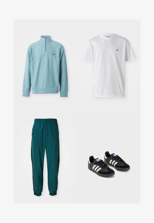 Sudadera de manga larga de color azul claro con cuello de media cremallera y pequeño logotipo de Carhartt en naranja y marrón en el lado izquierdo del pecho.; Camiseta de algodón blanca con mangas cortas, cuello redondo, que presenta un pequeño logo dorado en la parte izquierda del pecho. Textura suave y corte regular.; Pantalones deportivos en color verde azulado con cintura ajustable por cordón, puños elásticos y rayas negras en los lados. Fabricados con un tejido ligero, presentan un logo cerca de la cadera.; Zapatillas negras con un upper de ante y sintético, con tres rayas blancas, suela de goma texturizada y etiqueta de logo azul en la lengüeta.