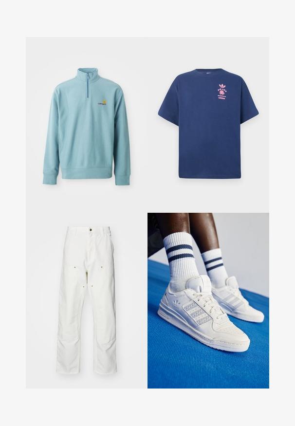 Šviesiai mėlynas ilgomis rankovėmis megztinis su pusiau užtrauktuku ir mažu oranžiniu bei rudu Carhartt logotipu kairėje krūtinės pusėje.; Tamsiai mėlyna medvilninė marškinėliai su trumpomis rankovėmis, apvali iškirpte ir rožinė grafika, kuri pristato Adidas logotipą ir ananasų motyvą ant krūtinės.; Balti medvilniniai kargo džinsai su laisvu siluetu. Ypatybės apima priekines kišenes, auksinius apdailos elementus ir sustiprintas kelio dalis.; Baltos odinės sportbačiai su perforuotais akcentais, trimis metalinėmis juostelėmis ir tekstūruotu šoniniu skydeliu. Dėvimi su baltais kojiniais, turinčiais mėlynas juosteles.