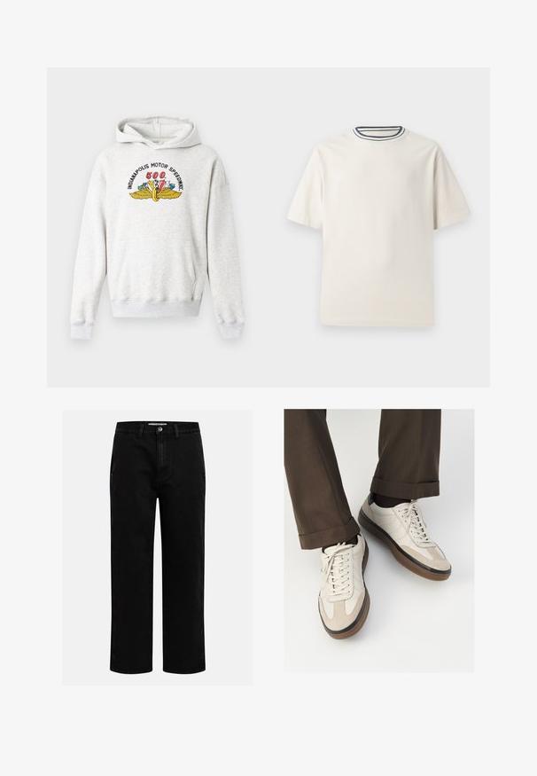 Pelēkas kapuces džemperis, izgatavots no mīksta kokvilnas maisījuma. Tam ir priekšējā kabata, ribotās piedurknes un krāsains Indianapoles Motor Speedway logo uz krūtīm.; Krēmlādas kokvilnas T-krekls ar īsām piedurknēm, ar kārtīgu apkakli, ko akcentē tumši zila un balta svītra. Gluda tekstūra, brīva piegriezuma.; Melni denim šorti ar taisnu kāju griezumu, klasiska piecu kabatu dizaina un pogas aizdari viduklī. Gluda tekstūra un izturīgs audums.; Beidzī lasi ar strukturētu zamšādu priekšpusi, gludiem ādas sāniem un brūnu gumijas zoli. Iekļauti auklas un viegla šuvuma detaļas.