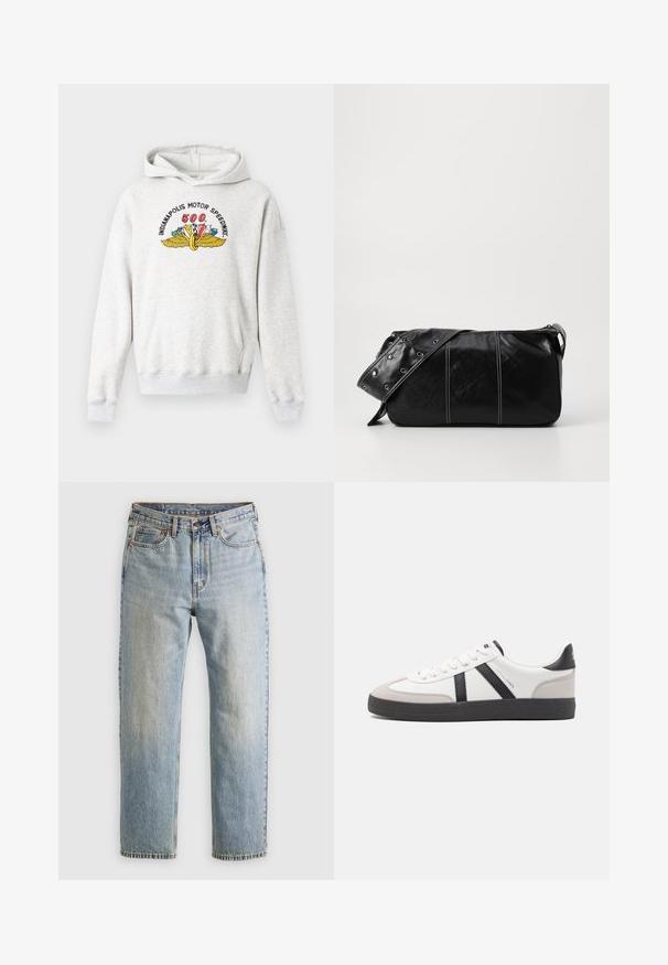 Szürke kapucnis pulóver puha pamut keverékből készült. Elülső zsebből, bordás mandzsettákkal és egy színes Indianapolis Motor Speedway logóval rendelkezik a mellkasán.; Világoskék farmernadrág magas derékkal, elülső gombbal, cipzárral és öt zsebbel, sima háttérre fektetve.; Fehér sneaker fekete és szürke részletekkel, textúrált szürke orr résszel, fekete gumitalppal és lapos fehér fűzőkkel. Tiszta dizájn, minimalista stílus.; Fekete bőr válltáska, cipzárral zárva, texturált felülettel, fehér varrással és ezüst fémgyűrűs pánttal.