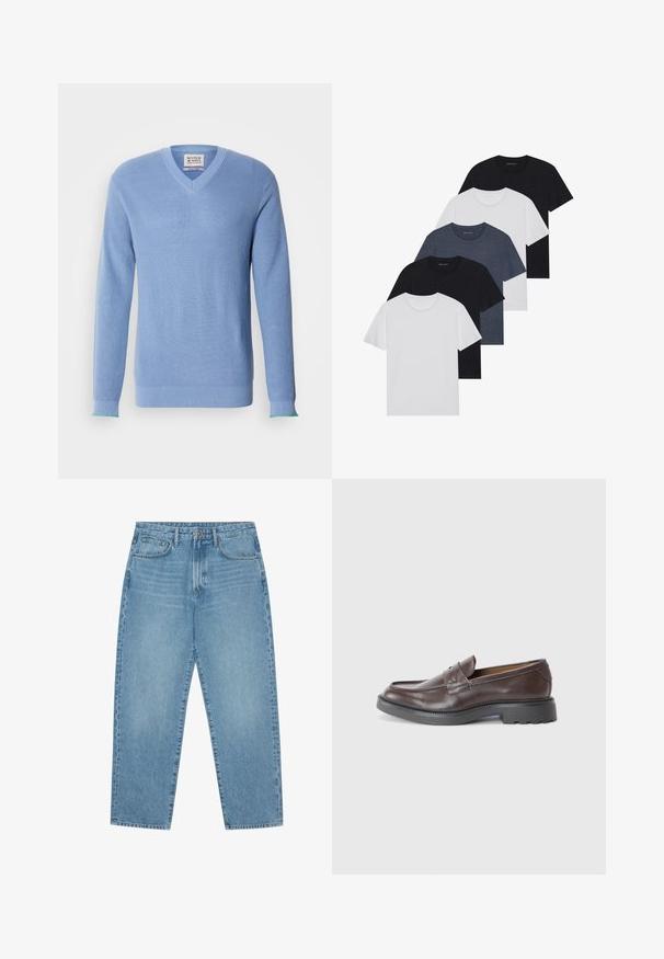 Light blue V-neck sweater with ribbed texture, long sleeves, and contrasting green accents at the cuffs. Features a label at the neckline.; Set of five t-shirts in black, white, and navy blue. Cotton fabric, short sleeves, crew neck design, and plain texture with no patterns.; Light blue denim wide-leg jeans with a high waist, featuring five pockets, belt loops, and a soft, slightly faded texture.; Brown leather loafers with a smooth finish, round toe, minimal stitching, and a thick black rubber sole. No visible hardware or accents.