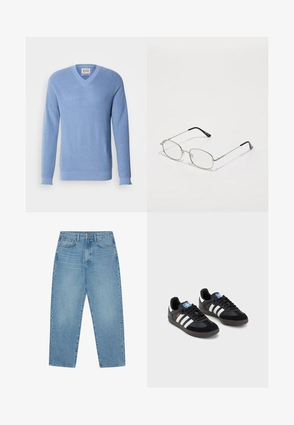Helles blaues V-Ausschnitt-Pullover mit geripptem Muster, langen Ärmeln und kontrastierenden grünen Akzenten an den Bündchen. Verfügt über ein Etikett am Hals.; Set aus fünf T-Shirts in Schwarz, Weiß und Marineblau. Baumwollstoff, kurze Ärmel, Rundhalsausschnitt und schlichte Textur ohne Muster.; Hellblaue Jeans aus Denim mit geradem Bein, Fünf-Taschen-Design und leicht verwaschener Textur. Mit Knopf- und Reißverschluss ausgestattet.; Schwarze Sneaker mit einem Obermaterial aus Wildleder und Synthetik, ausgestattet mit drei weißen Streifen, einer strukturierten Gummi-Sohle und einem blauen Logo-Tag auf der Zunge.; Metallbrille mit ovalem Rahmen, silbernen Fassungen und klaren Gläsern. Schmale, gerade Bügel mit schwarzen Enden, minimalistisches Design.