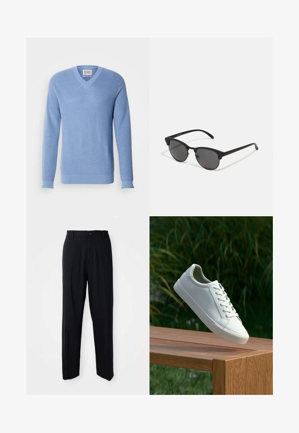 Suéter azul claro con escote en V y textura acanalada, de manga larga, con acentos verdes en los puños. Presenta una etiqueta en el cuello.; Pantalones rectos negros con trabillas, cierre de botón y un diseño elegante y minimalista sobre un fondo neutro.; Zapatilla blanca con cordones flotando sobre un banco de madera con follaje verde al fondo, mostrando el diseño y la textura del zapato.; Gafas de sol negras con lentes redondos, acabado mate y una distintiva forma de ojo de gato. Patillas delgadas con un sutil branding en la patilla izquierda.; Collar de perlas blancas con forma redonda uniforme, superficie suave y cierre de metal con cadena de extensión para longitud ajustable.