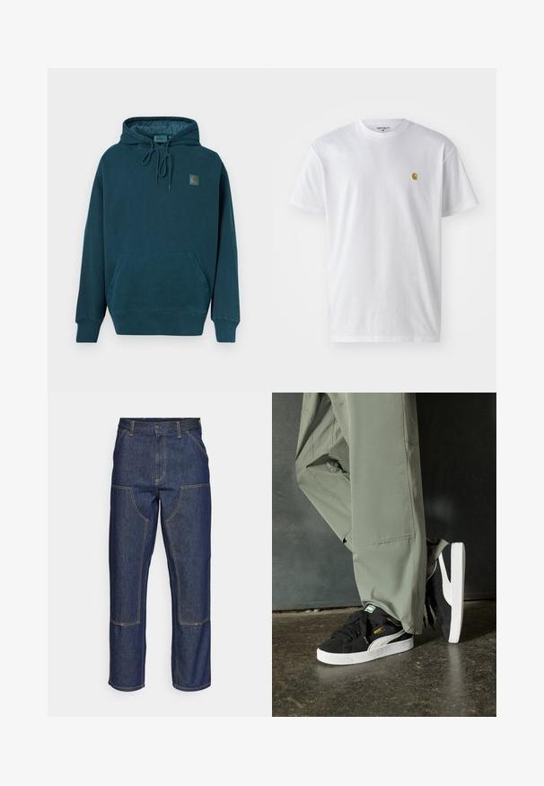 Kapuzensweatshirt aus dunkeltürkisfarbenem Stoff. Verfügt über eine vordere Kängurutasche, verstellbare Kordeln und ein kleines Logo-Patch auf der Brust.; Weißes Baumwoll-T-Shirt mit kurzen Ärmeln, Rundhalsausschnitt, mit einem kleinen goldenen Logo im linken Brustbereich. Weicher Stoff und normale Passform.; Dunkelblaue Jeans aus Denim mit hoher Taille, geradem Bein-Design, kontrastierenden Nähten und aufgesetzten Taschen auf der Vorderseite.; Schwarze Wildleder-Sneaker mit weißen Gummisohlen und seitlichen Streifen, kombiniert mit hellgrünen Cargo-Hosen, stehen auf einer strukturierten dunklen Oberfläche.