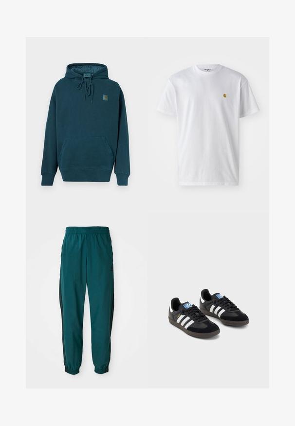Kapucnis pulóver sötét türkiz szövetből. Elülső kenguruzseb, állítható húzózsinórok és egy kis logó folt található a mellkason.; Fehér pamut póló rövid ujjakkal, kerek nyakkal, bal mellel egy kis arany logóval. Puha tapintású és normál fazonú.; Teal színű sportnadrág, zsinórral állítható derékkal, rugalmas mandzsettákkal és fekete oldalsávokkal. Könnyű anyagból készült, csípőnél elhelyezett logóval.; Fekete sportcipők, velúrból és szintetikus anyagból készült felsőrésszel, három fehér csíkkal, textúrázott gumitalppal és kék logó címkével a nyelvén.