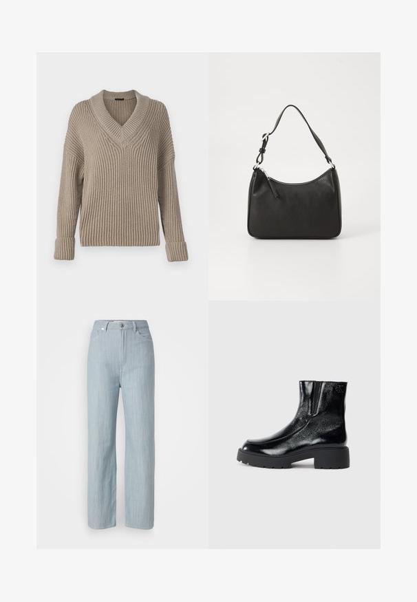 Bež pleteni pulover z V-izrezom, rebrasto teksturo, spuščeni rameni in zvitimi manšetami. Ponuja ohlapen, sproščen kroj in srednjo debelino.; Svijetloplave traperice ravnog kroja. Imaju pet džepova, metalno kopčanje na dugme i suptilno izbjeljivanje za teksturu.; Črne gležnarje z sijajnim patentiranim usnjem, debele črne gumijaste podplate in dvignjen petni del; vključujejo subtilen logotip na strani.; Črna usnjena torba za roke s ukrivljenim oblikom, enim trakom, zadrgo in diskretnim blagovnim znamkom na sprednjem delu. Gladka tekstura, minimalističen dizajn.